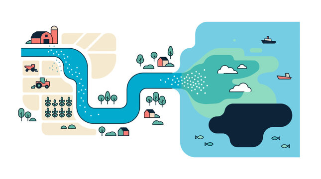 Vector infographic illustration of agricultural runoff causing water pollution and ocean dead zones. EPS Editable. Vector Illustrations.