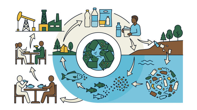 Vector infographic showing the lifecycle of plastic pollution and microplastics in the food chain. EPS Editable. Vector Illustrations.
