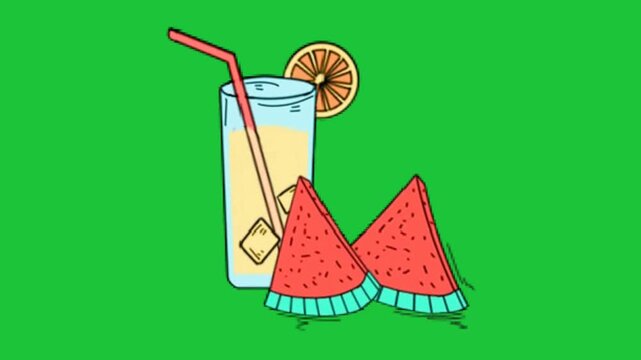Animated cartoon glass of lemonade with watermelon slices motion graphic isolated on green screen background for summer