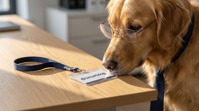 Golden Retriever wearing glasses and tie looking at office ID badge