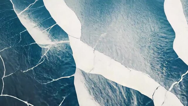 Intricate cracked ice surface creating an abstract glacial landscape, revealing the delicate textures and patterns of a frozen winter environment from a birds eye perspective