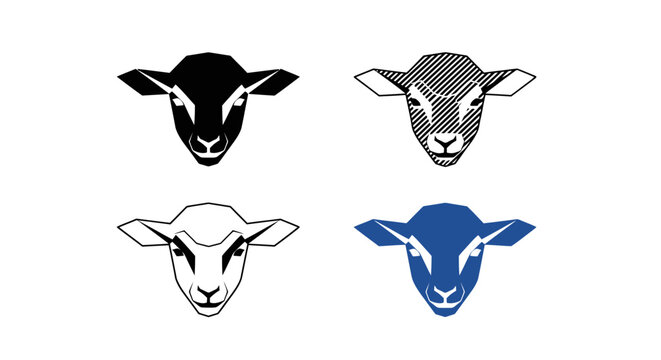 Minimalist sheep head logo set, geometric lamb face vector icons, stylized ram head illustrations for farming and livestock branding, 4 elements