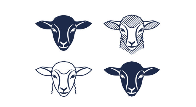 Minimalist sheep head logo set, stylized lamb face vector icons, 4 sheep head illustrations in navy blue and white, modern farm animal branding graphics