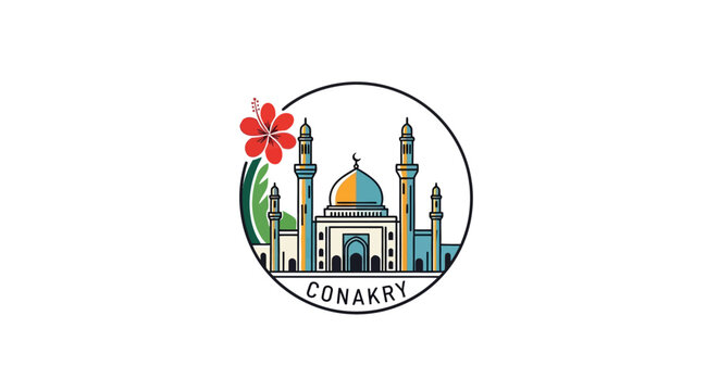 Colorful illustration of mosque with hibiscus flower text Conakry.