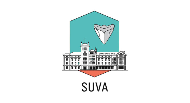 Illustrated Historic Building With Shield Emblem Suva Logo.
