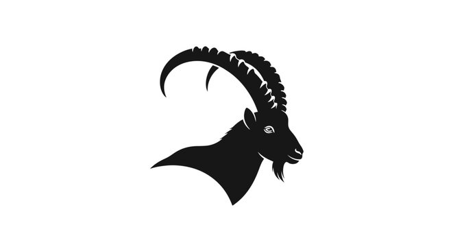 Alpine ibex head vector silhouette, wild mountain goat profile with long curved horns, majestic capra animal mascot for outdoor branding and logos