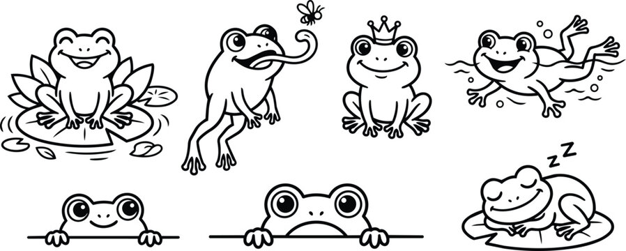 Line art frogs collection showing jumping sleeping and perched poses in black and white vector