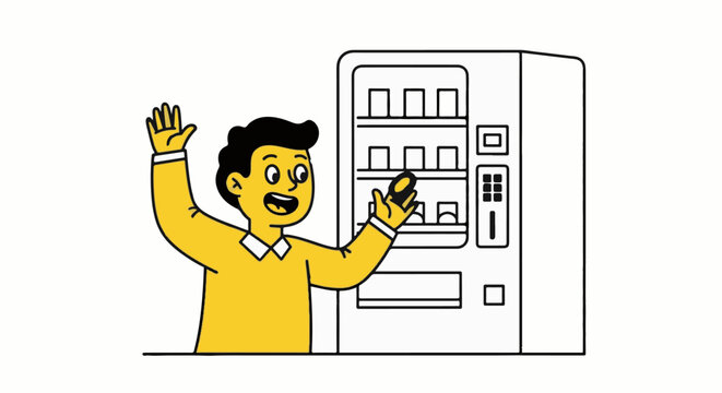 Excited man using vending machine for snack selection.