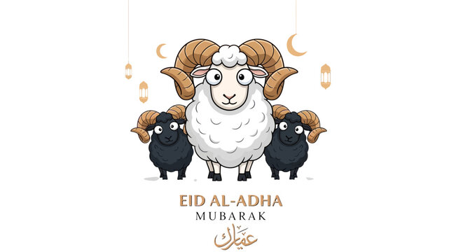Eid Al-Adha Mubarak greeting vector, cute cartoon sheep and rams with horns, Islamic festival celebration background with lanterns and crescent moon