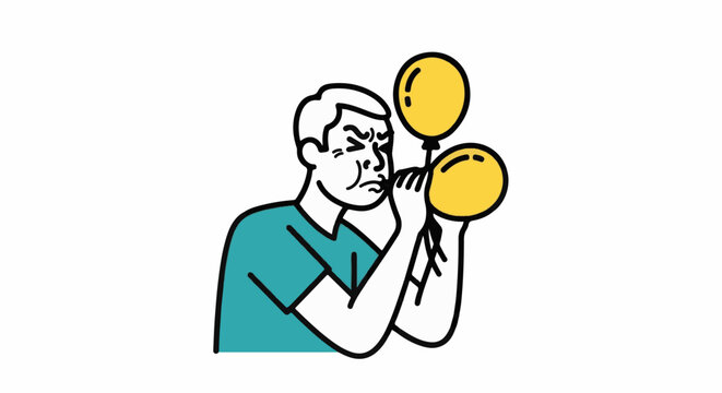 Confused man holding two buzzing yellow maracas.