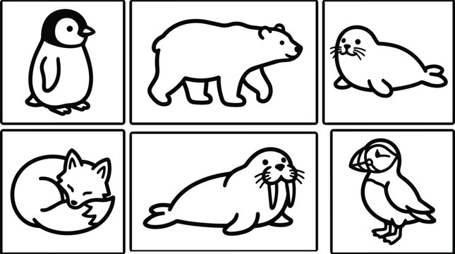 Six animals in a grid vector line art