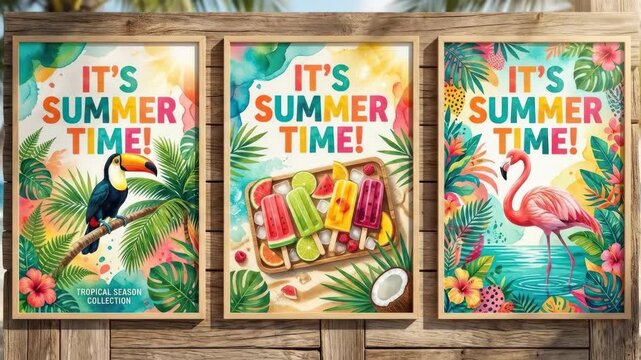 Summer poster set design. It's summer time text in colorful background with flamingo, toucan and popsicles elements for tropical season collection, modern summer design, seasonal promotion, bold color