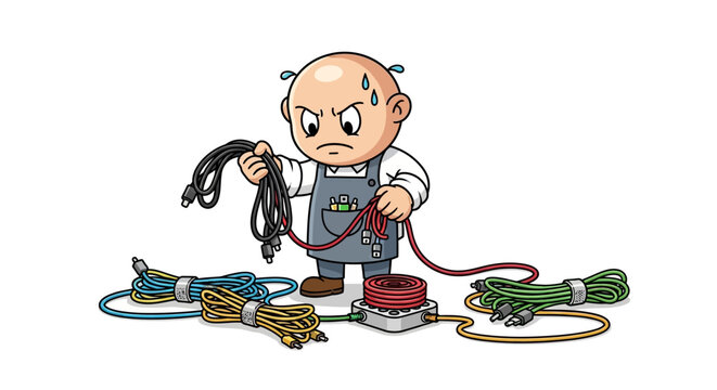 Cartoon man with electrical wires.