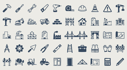 Construction and Engineering Icons Set: Tools, Buildings, Vehicles, Safety © Nomadic
