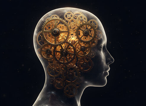 Transparent Human Head with Golden Clockwork Gears Brain Mechanism - Intelligence and Thinking Concept