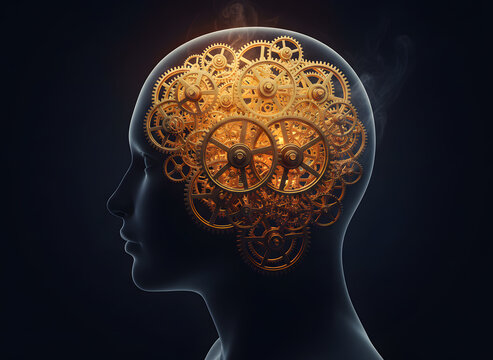 Golden Mechanical Gears Inside Transparent Human Head Profile - Intelligence and Thinking Concept 3D Illustration