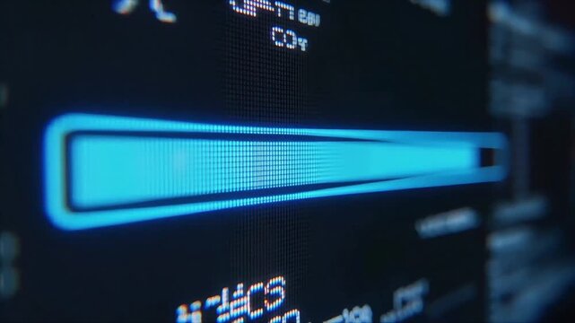 Loading bar animation showing progress on a digital computer screen with scrolling code in a dark cinematic environment
