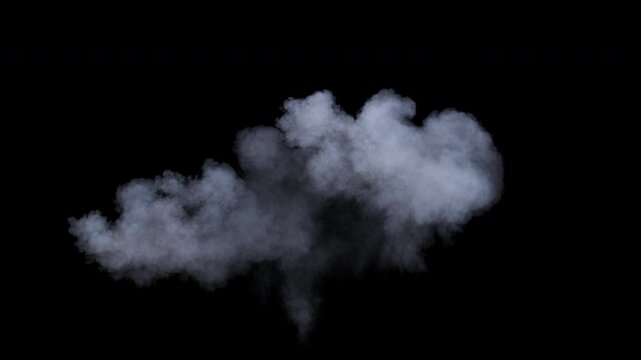 A dense white smoke puff quickly expands upwards and outwards from a central point. The smoke spreads across the frame, then slowly dissipates into nothing, offering a clean effect for compositing.