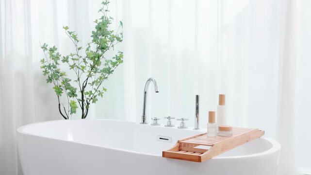 Modern luxury and cozy empty bathroom with bathtub filling with clear fresh water from the tap and cosmetic skincare bottles and tubes on stone podiums product over tubs perfect for skin care