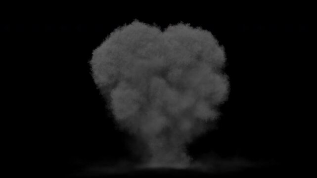 A powerful explosion ignites with a bright burst of fire, rapidly generating a large, dense cloud of dark gray smoke that expands and rises against a transparent background.
