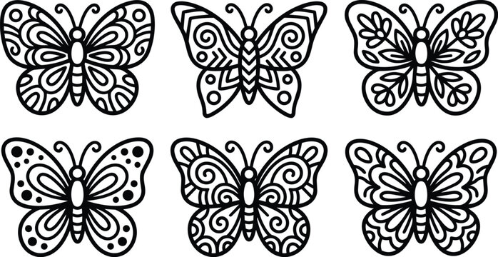 Series of ornamental butterfly vector line art for crafts and decals designs