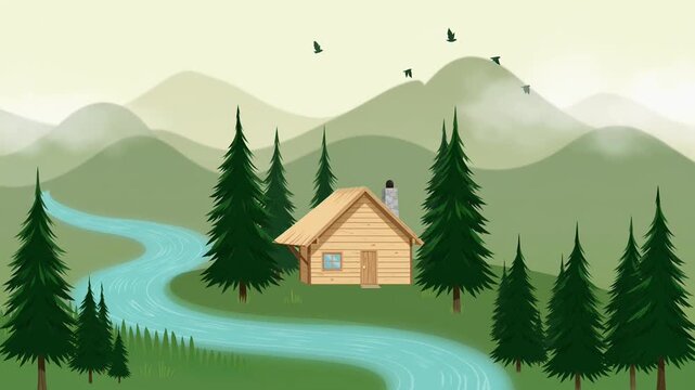 Peaceful mountain landscape with a cozy cabin and flowing river.