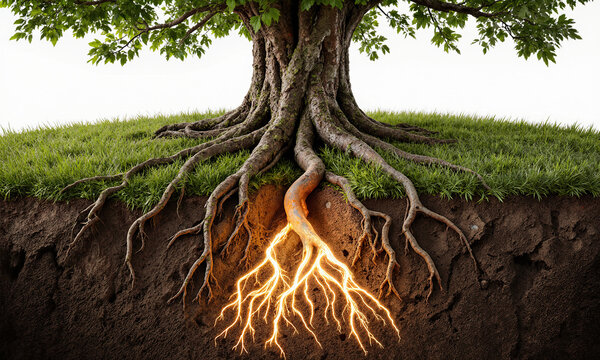 A radiant tree whose roots glow brighter than its leaves, symbolizing strength in foundation, unseen support, and the quiet forces