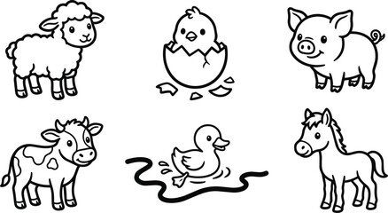 Obraz premium Cartoon farm animals set vector line art illustration for kids