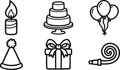 Obraz premium Birthday party icons candles balloons gift cake and hat in black and white vector illustration