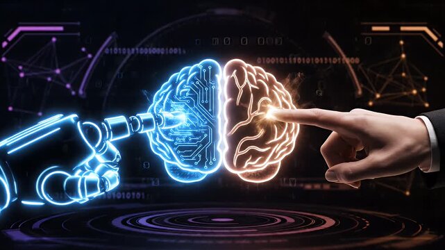 Artificial intelligence and human brain concept with robot and human hands touching.