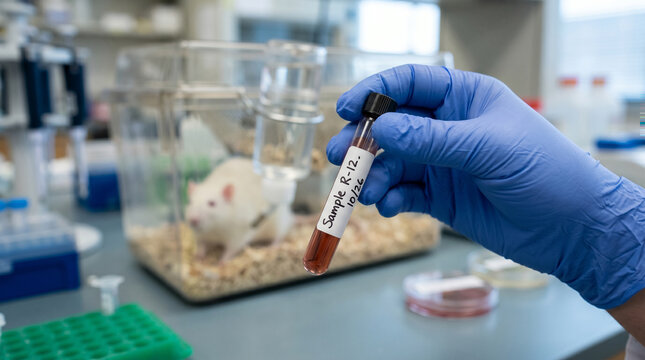 Scientist holding blood sample with test subject mouse in laboratory setting