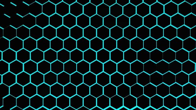 Hexagon mesh surfaces distort and bend to reveal a glowing neon cyan backing in a futuristic 3D animation loop ideal for technology title sequences