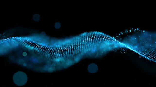 blue glowing abstract particle wave moving through dark digital space with bokeh dots