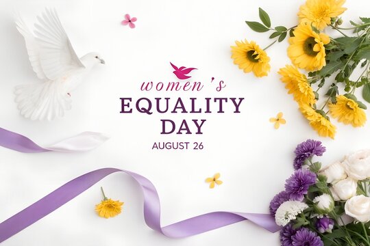 Women equality day celebration featuring a white flying dove alongside vibrant yellow and purple flowers with elegant silk ribbons in this bright artistic photograph capturing the essence of human rig