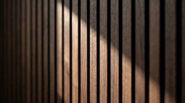 Minimalist Acoustic Wood Panel Wall with Dramatic Sunlight and Shadow Play
