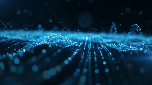 Blue glowing digital particles forming an abstract wave across dark tech backgrounds