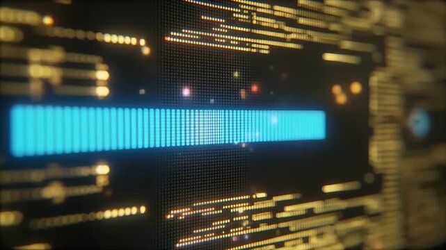 Digital progress bar loading data on a dark screen with glowing abstract technical interface elements and scrolling code sequences