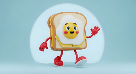 Fototapeta premium Cartoon fried egg on toast character waving with food character food and drink 3D render