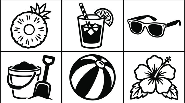 Summer beach icons collage with kiwi slice lemonade glass sunglasses beach ball hibiscus