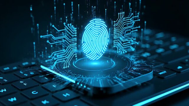 Biometric fingerprint security scanning on a computer keyboard with digital glow app