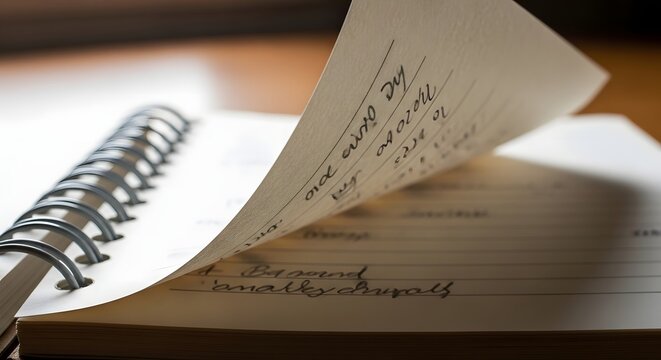 Macro View of Open Spiral Notebook Page Flipping Over with Cursive Handwriting