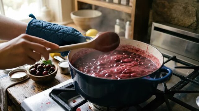 Preparing cherry jam in a pot on the stove, homemade cooking and seasonal preserving concept with rich fruit color, warm kitchen atmosphere and artisanal food styling for recipe and lifestyle themes,