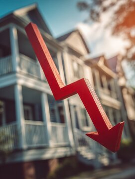 Red downward arrow symbolizing decline in real estate market with residential houses in the background and warm sunlight filtering through trees