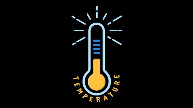 Animated thermometer icon showing temperature rise on a black background for weather and climate data video projects