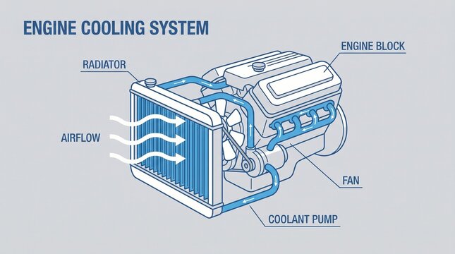 Diagram illustrating the components and function of an engine cooling system, including airflow, radiator, fan, coolant pump, and engine block