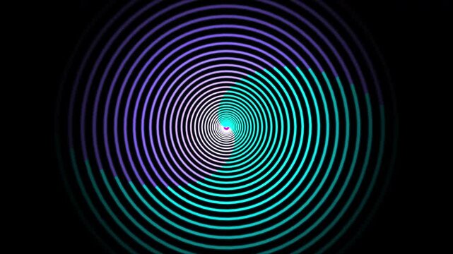 Futuristic hyperspace tunnel in vibrant magenta and glowing cyan, dynamically splitting as an energetic vortex effect on a solid black background canvas. Seamless 2D motion.