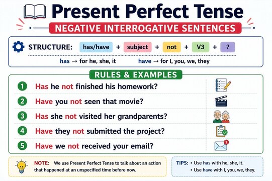 Present Perfect Tense Negative Interrogative Sentences Grammar Chart for Students