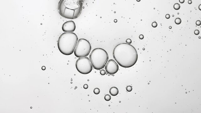 Pipette with liquid transparent texture with bubbles close-up top view.