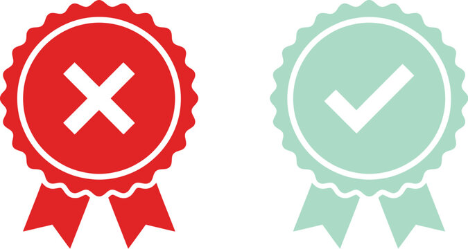 Red cross and green checkmark ribbon badges