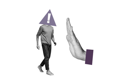 Composite photo collage of man instead head warning sign prohibition stop gesture block hand palm isolated on painted background